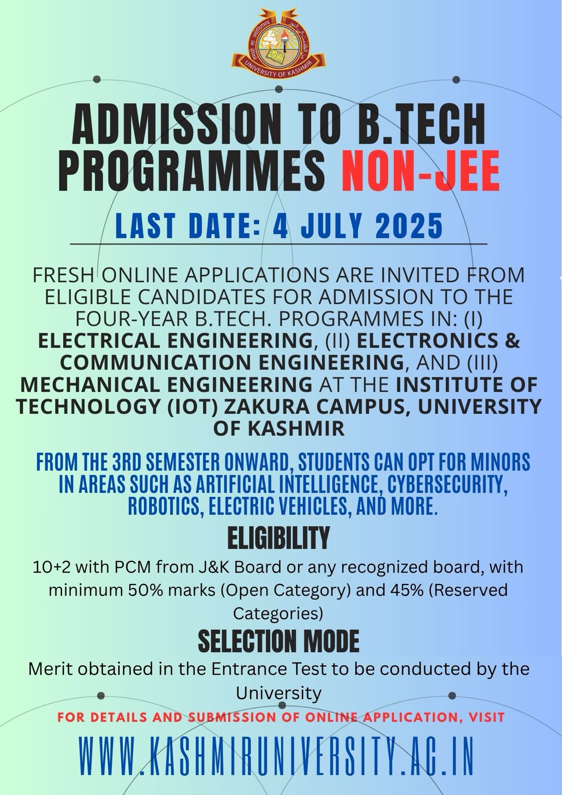 University of Kashmir Opens Admissions for Non-JEE B.Tech Programmes