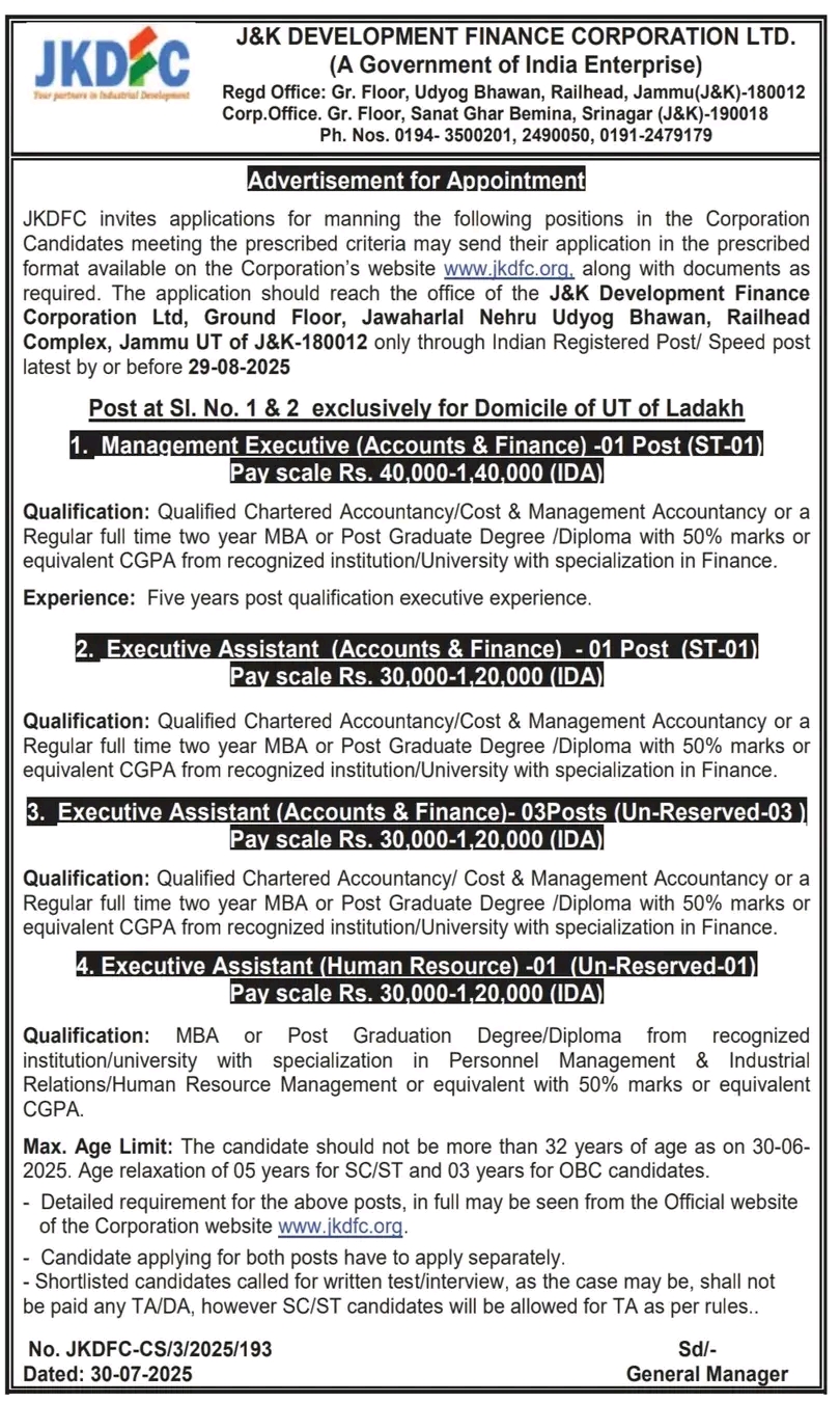 JKDFC invites applications for manning the following positions in the Corporation