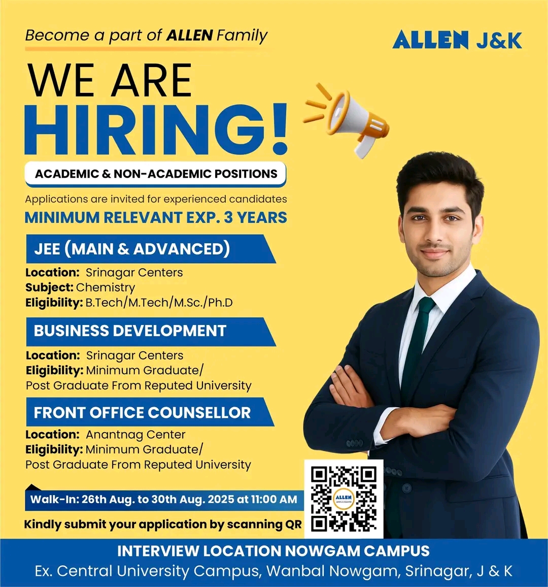 📢 ALLEN J&K Announces Walk-In Recruitment Drive in Srinagar