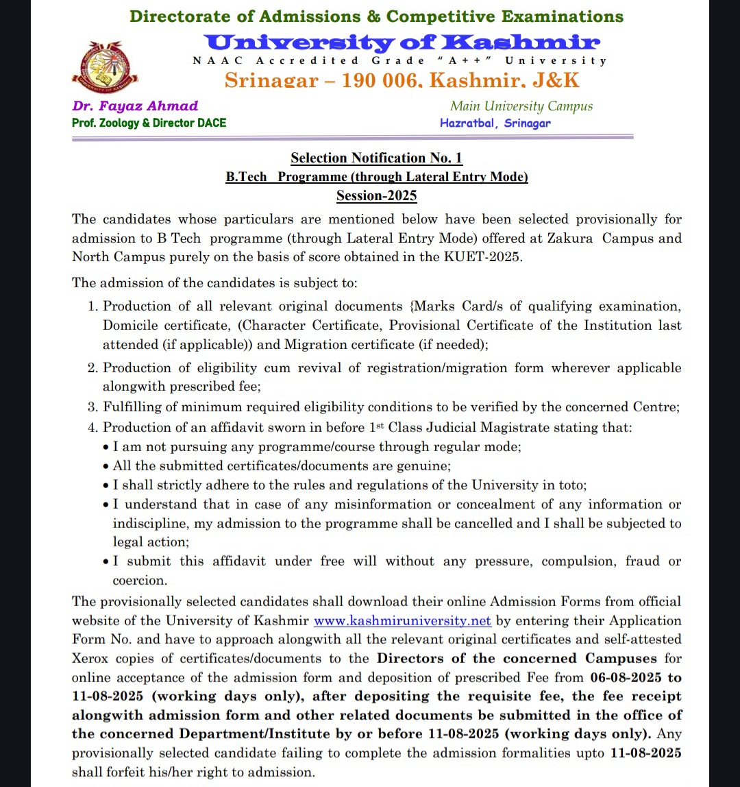 University of Kashmir Announces B.Tech Lateral Entry Selection List for 2025 Download here