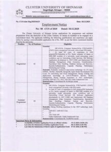 Programmer & Assistant Programmer Jobs at Cluster University Srinagar – Apply Now